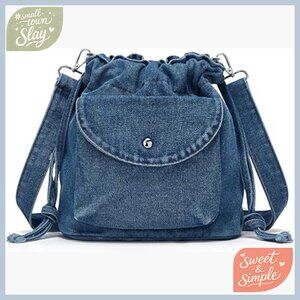 Denim Shoulder Crossbody Bucket Bag Drawstring Lightweight Phone Purse